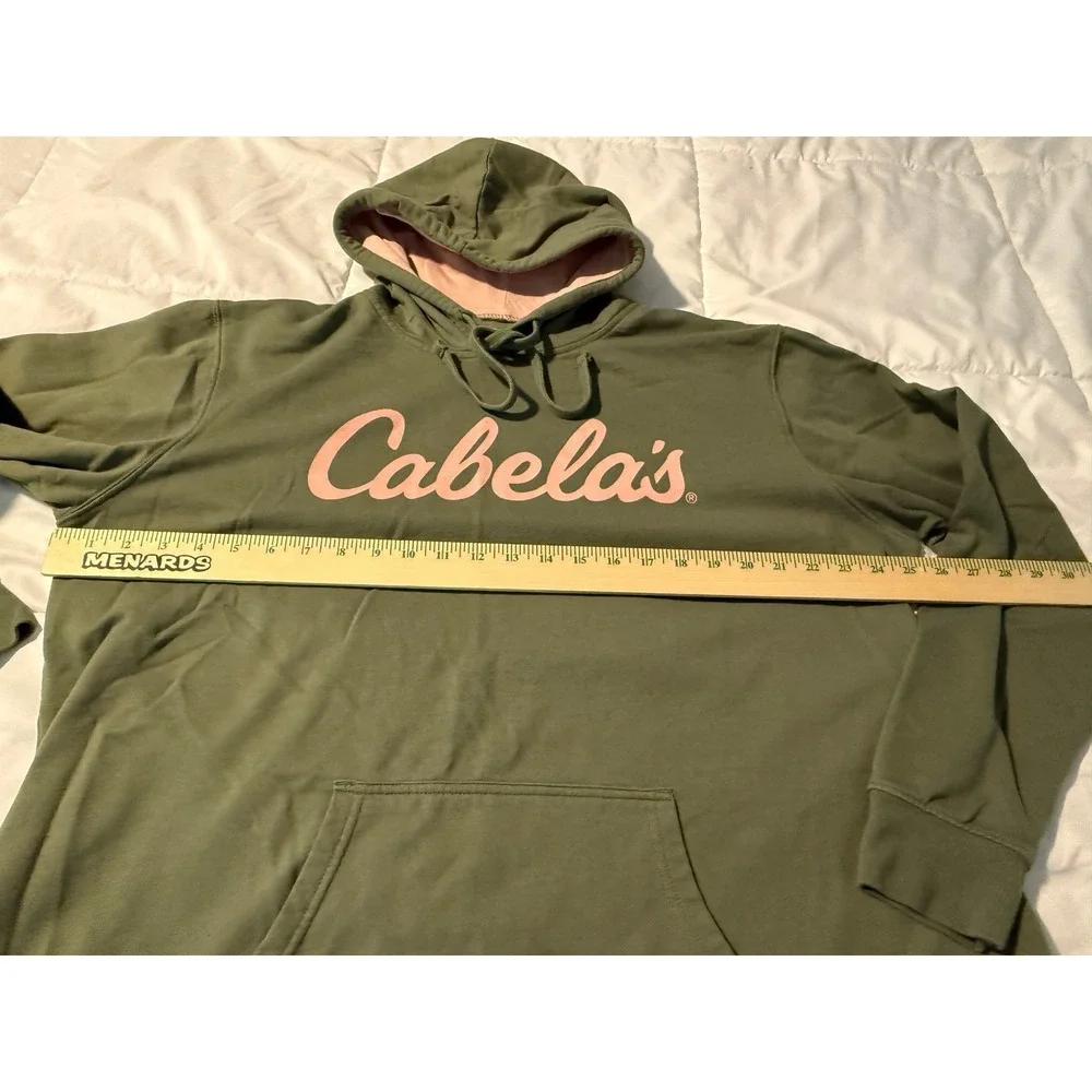 Cabela's Mens 2XL Olive Green Pullover Hoodie Pink Script Logo Fleece Sweatshirt